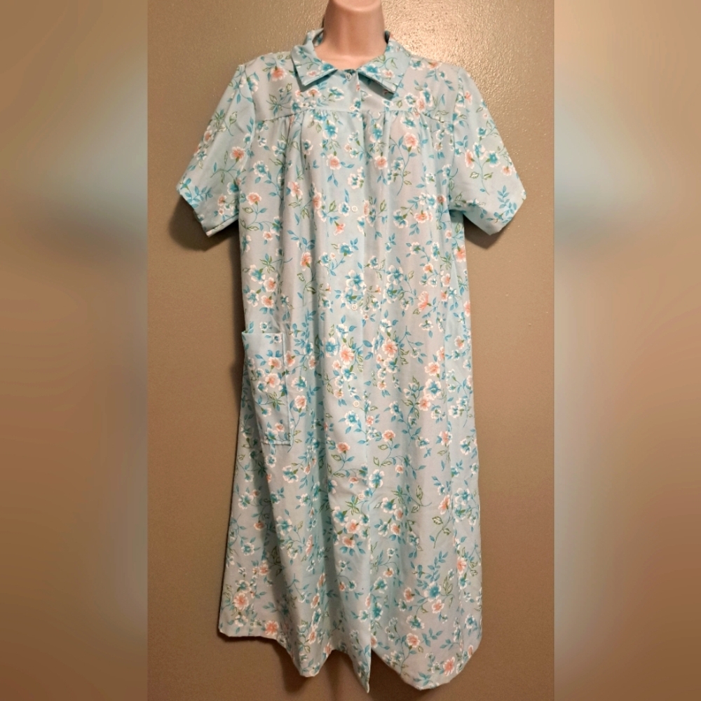 Vintage Sears House Dress Blue Floral 2XL Made In USA